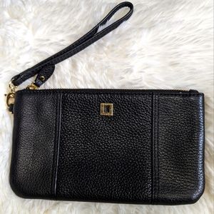 EUC Lodis Leather wristlet purse, bag, wallet, black, gold, removable strap